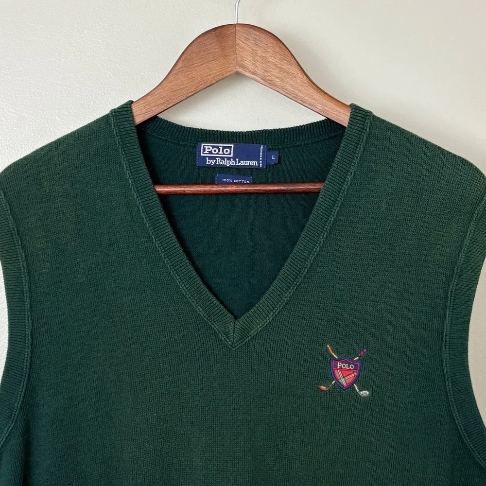 VTG‎ Polo Ralph Lauren Sweater Vest Mens Large Green Golf Crest Knit Cotton FLAW